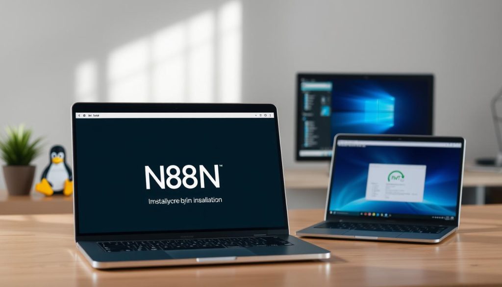 A detailed installation guide for the open-source automation platform N8N, showcased on both Linux and Windows operating systems. The image depicts a serene, well-lit workspace with a laptop or desktop computer prominently displayed. The foreground features the N8N logo and installation process, while the background showcases the respective OS environments, with clean and minimalist design elements. The lighting is soft and natural, creating a professional, instructional atmosphere. The angles and composition guide the viewer's attention to the core subject matter, allowing for clear visualization of the installation process across different platforms.