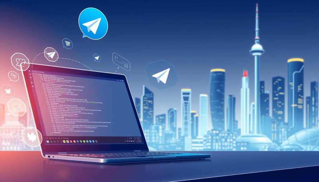 A detailed, intricate illustration showcasing the Telegram Bot API tutorial. In the foreground, a sleek, modern laptop displays lines of code and API documentation. Surrounded by floating holographic UI elements, the screen is illuminated by a warm, ambient lighting that casts a soft glow. In the middle ground, a stylized Telegram logo stands prominently, its iconic paper plane motif rendered in a minimalist, geometric style. The background features a clean, futuristic cityscape with towering skyscrapers and a vibrant, neon-infused skyline, conveying a sense of technological advancement and innovation. The overall composition exudes a professional, cutting-edge atmosphere, perfectly suited to illustrate the "Telegram Bot API Tutorial" section of the article.