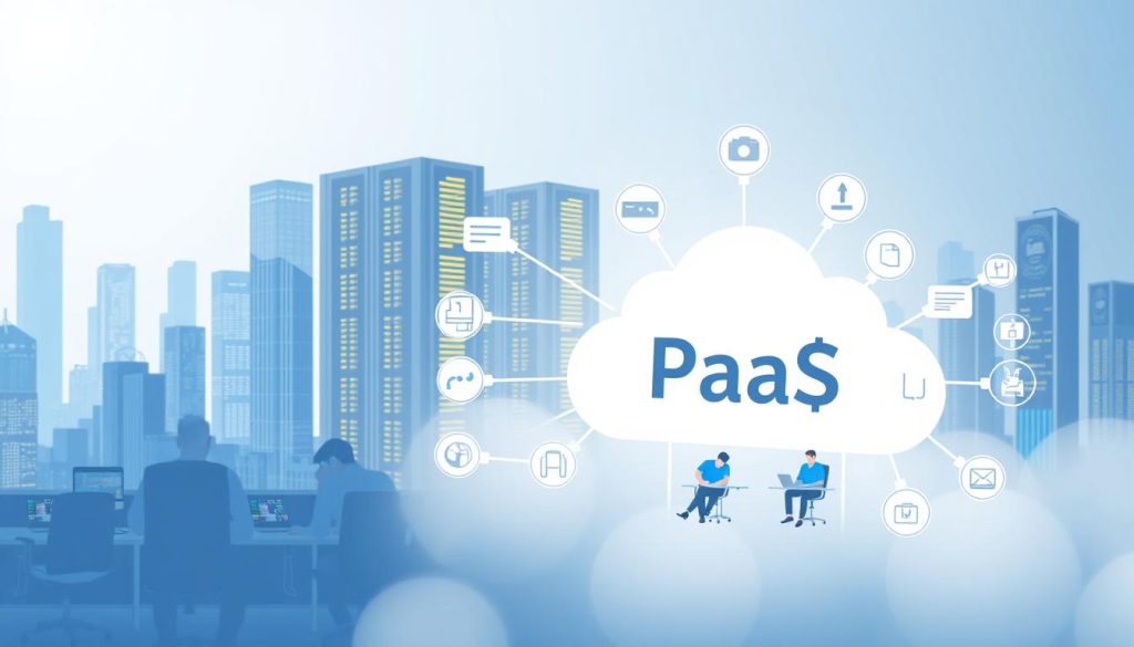 A detailed, modern illustration of "Platform as a Service (PaaS)" concept. In the foreground, a sleek, minimalist cloud icon represents the PaaS platform, surrounded by a grid of interlinked software development tools and services. The middle ground features a team of developers collaborating on a digital project, their laptops and devices connected to the PaaS cloud. In the background, a cityscape of towering skyscrapers and data centers conveys the scale and infrastructure supporting the PaaS environment. Bright, diffused lighting creates a sense of depth and technological sophistication. The overall mood is one of efficiency, collaboration, and the seamless integration of software development in the cloud.