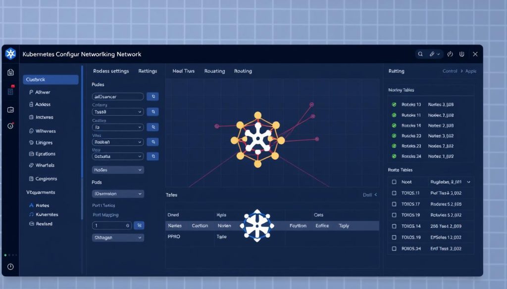 A detailed network configuration dashboard for Kubernetes, featuring a sleek and intuitive interface. The foreground showcases various network settings and controls, with clear visualizations of IP addresses, port mappings, and routing tables. The middle ground depicts a stylized cluster architecture, with nodes and pods interconnected by vibrant network lines. The background offers a subtle backdrop of grids and geometric patterns, evoking a sense of technical sophistication. The lighting is soft and directional, creating depth and highlighting the key elements. The overall mood is one of precision, efficiency, and a deep understanding of Kubernetes networking.