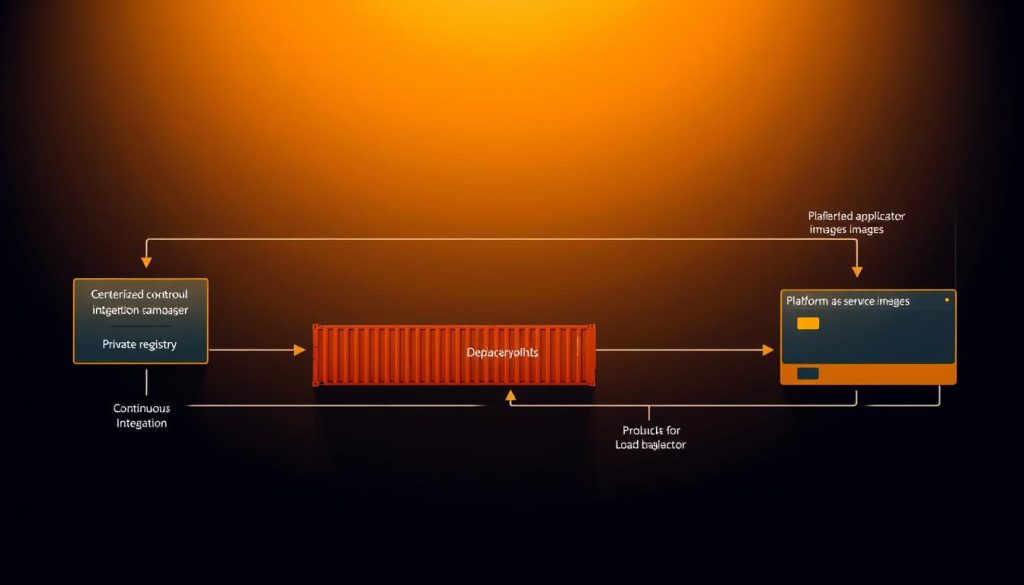 A detailed schematic diagram depicting the components and flow of a deployment pipeline. In the foreground, a centralized version control system manages the codebase, with a continuous integration server triggering automated build and test processes. In the middle ground, containerized application images are generated and pushed to a private registry. In the background, a platform-as-a-service (PaaS) environment hosts the application, with a load balancer routing user traffic to the deployed instances. The scene is illuminated by warm, directional lighting, creating depth and emphasizing the interconnected nature of the pipeline elements. The overall mood is one of efficiency, automation, and reliable software delivery.