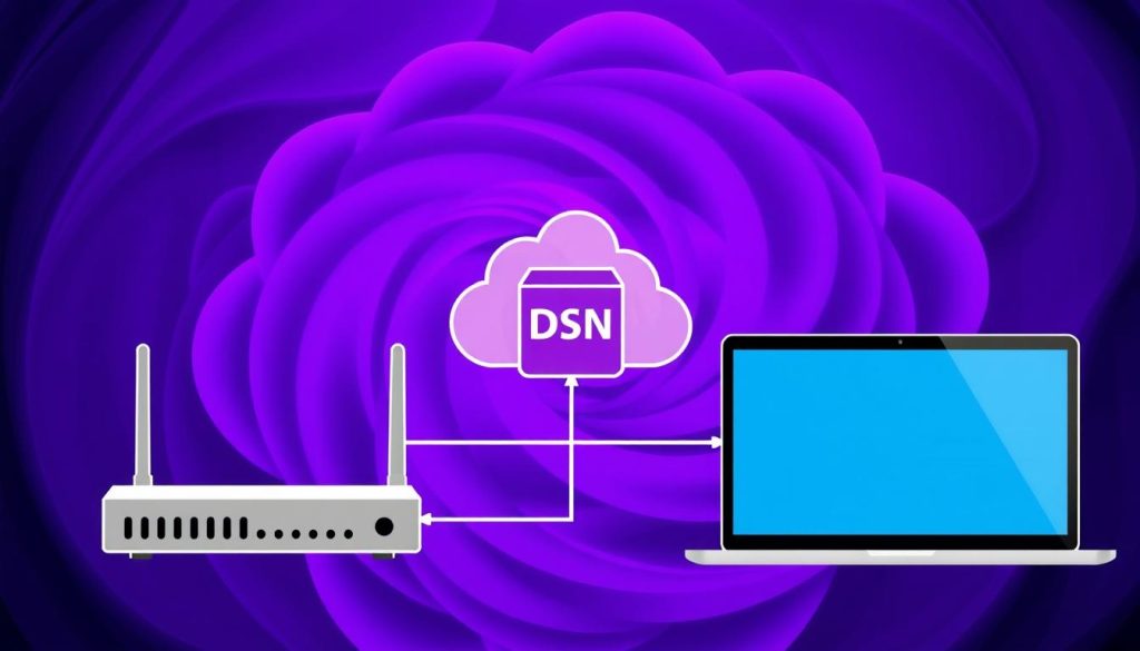 A detailed schematic diagram depicting the general process of DNS configuration and network reset. The foreground shows a network router and a laptop computer, representing the network infrastructure. The middle ground features a central DNS server, symbolizing the domain name resolution system. The background displays a swirling cloud-like pattern in a rich royal purple (color code #7955a3), conveying the sense of complexity and interconnectedness within the network. The lighting is crisp and focused, highlighting the technical components while maintaining a professional, authoritative atmosphere. The overall composition suggests a clear, step-by-step guide to resolving the specified DNS-related error in the n8n Docker environment.