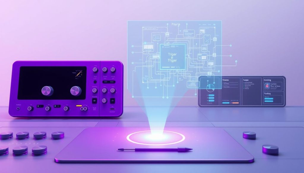 A detailed schematic diagram depicting the seamless integration of a new trigger in a digital workflow interface. The scene features a sleek, minimalist design with a prominent purple-hued control panel, dotted with various knobs, sliders, and buttons. The foreground showcases the central trigger element, elegantly positioned and illuminated, ready to be activated. The middle ground showcases a dynamic, holographic display showcasing the various connections and data flows within the system. The background is a soft, gradient-based environment, creating a sense of depth and emphasizing the technological nature of the scene. The overall atmosphere conveys a sense of precision, control, and the effortless integration of the new trigger into the existing workflow. A detailed schematic diagram depicting the seamless integration of a new trigger in a digital workflow interface. The scene features a sleek, minimalist design with a prominent purple-hued control panel, dotted with various knobs, sliders, and buttons. The foreground showcases the central trigger element, elegantly positioned and illuminated, ready to be activated. The middle ground showcases a dynamic, holographic display showcasing the various connections and data flows within the system. The background is a soft, gradient-based environment, creating a sense of depth and emphasizing the technological nature of the scene. The overall atmosphere conveys a sense of precision, control, and the effortless integration of the new trigger into the existing workflow.