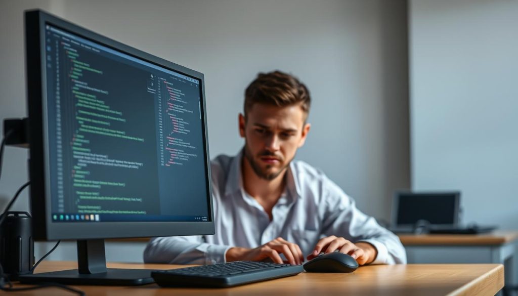 A detailed, technical diagnostic scene of a programmer troubleshooting a VSCode Server issue. In the foreground, a desk with a computer, keyboard, and mouse, with the VSCode application open on the screen displaying error messages. In the middle ground, the programmer is intently studying the screen, brow furrowed in concentration. The background features a minimalist office setting with neutral colors and subtle lighting, creating a contemplative atmosphere. The overall tone is one of focused problem-solving, with the aim of effectively illustrating the process of identifying the root cause of a VSCode Server malfunction.