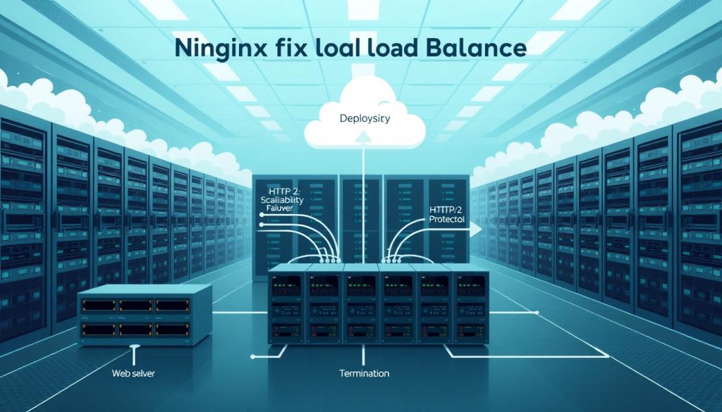 A detailed technical diagram depicting the key reasons for deploying an Nginx load balancer. In the foreground, a cluster of web servers connected to the load balancer, showcasing high availability, scalability, and failover. In the middle ground, a visualization of load distribution, HTTP/2 protocol, and SSL/TLS termination. In the background, a datacenter environment with servers, routers, and a cloud-like atmosphere, highlighting the robust infrastructure required for enterprise-grade load balancing. The scene is rendered in a clean, minimalist style using a cool color palette to convey a sense of professionalism and reliability.