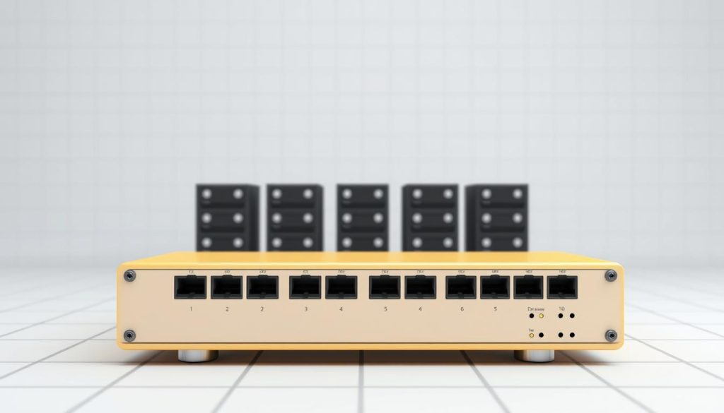 A detailed technical diagram of a Load Balancer system. In the foreground, a stylized Load Balancer icon with multiple input and output ports, representing its function of distributing network traffic across multiple servers. In the middle ground, several server icons arranged in a grid, symbolizing the backend infrastructure. The background showcases a minimalist grid-like layout, with subtle grid lines and a neutral color palette to emphasize the technical nature of the subject. The overall composition conveys a sense of balance, efficiency, and the critical role of a Load Balancer in managing web application workloads. Rendered in a clean, modern 3D style with a focus on clarity and functional aesthetics.