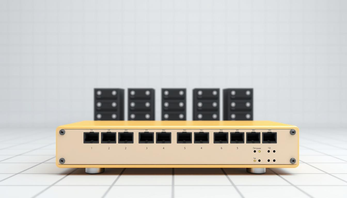 A detailed technical diagram of a Load Balancer system. In the foreground, a stylized Load Balancer icon with multiple input and output ports, representing its function of distributing network traffic across multiple servers. In the middle ground, several server icons arranged in a grid, symbolizing the backend infrastructure. The background showcases a minimalist grid-like layout, with subtle grid lines and a neutral color palette to emphasize the technical nature of the subject. The overall composition conveys a sense of balance, efficiency, and the critical role of a Load Balancer in managing web application workloads. Rendered in a clean, modern 3D style with a focus on clarity and functional aesthetics.