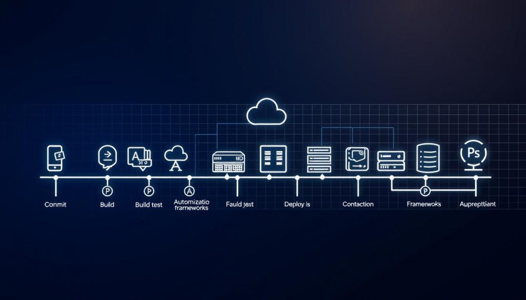 A detailed technical diagram of the main components of a PaaS deployment pipeline. In the foreground, depict a sequence of steps representing the various stages of the pipeline, such as code commit, build, test, and deploy. Use clear, geometric shapes and icons to symbolize each step. In the middle ground, showcase the underlying infrastructure - cloud servers, containerization tools, and automation frameworks that power the pipeline. In the background, include a subtle grid or wireframe pattern to convey the digital, interconnected nature of the system. Illuminate the scene with bright, directional lighting to highlight the technical precision and efficiency of the pipeline design. Render the entire image in a sleek, minimalist aesthetic to emphasize the modern, cutting-edge nature of the PaaS deployment workflow.