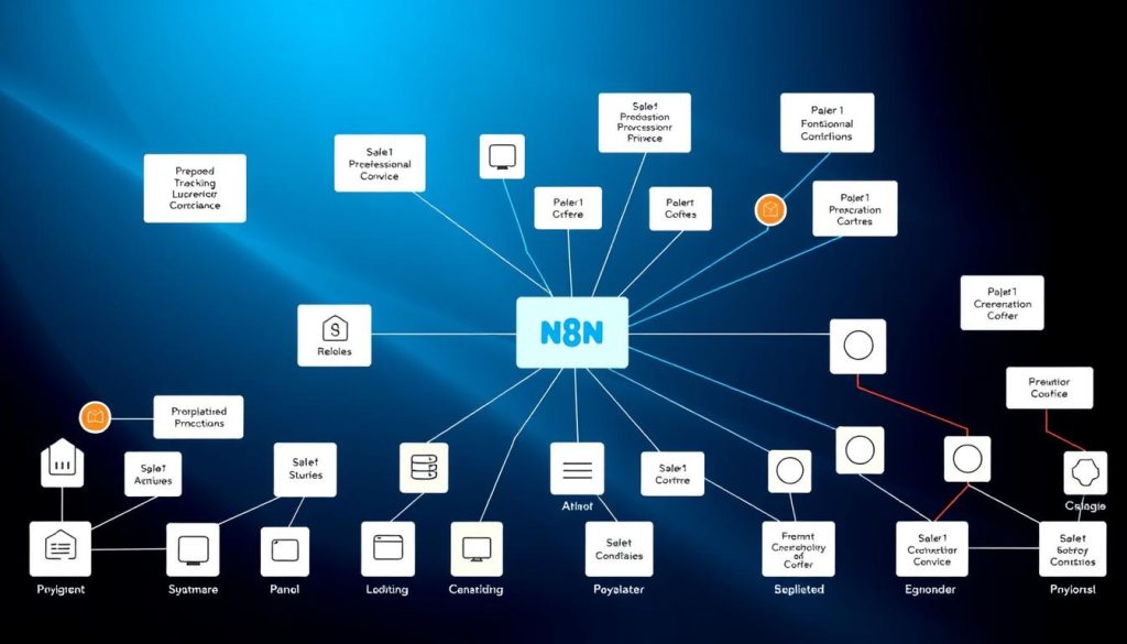 A detailed, technical diagram of the various node types (or "nodes") found in the N8N workflow automation platform. In the foreground, an array of different shaped and colored nodes, each representing a specific function or operation within the N8N system. The nodes are connected by clean, crisp lines, illustrating the flow of data and logic. In the middle ground, a grid-like layout provides structure and organization to the node placements. The background features a sleek, minimalist design with subtle gradients, emphasizing the digital, software-centric nature of the subject matter. Lighting is cool and even, casting a professional, instructional tone. The overall image conveys the complexity and flexibility of the N8N platform through its diverse node ecosystem.