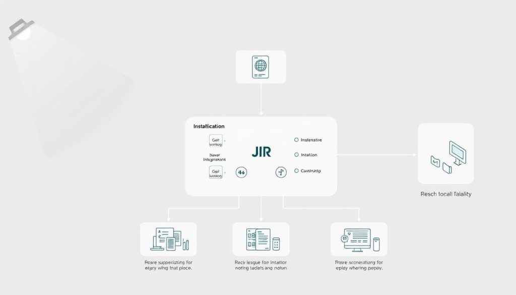 A detailed technical diagram showcasing key installation and configuration steps for Jira software within an organizational environment. Crisp lines and muted colors depict a clean, professional aesthetic. A central schematic diagram illustrates Jira's core components and integrations, surrounded by supporting illustrations highlighting specific setup procedures. Subtle lighting from the top left casts a soft, authoritative glow, guiding the viewer's eye. The overall composition conveys a sense of structured expertise, providing a visual reference for successfully deploying and configuring Jira to address common organizational needs.