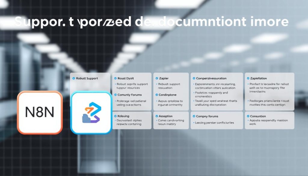 A detailed technical diagram showcasing the support and documentation of N8N and Zapier. In the foreground, sleek icons representing the two platforms are prominently displayed, highlighting their distinct branding and visual identities. The middle ground features neatly organized information panels detailing the robust support resources, comprehensive documentation, and community forums available for each tool. The background is filled with a subtle grid-like pattern, conveying a sense of structure and professionalism. The lighting is clean and evenly distributed, creating a polished, authoritative atmosphere. The camera angle is slightly elevated, giving the viewer a bird's-eye perspective on the subject matter.