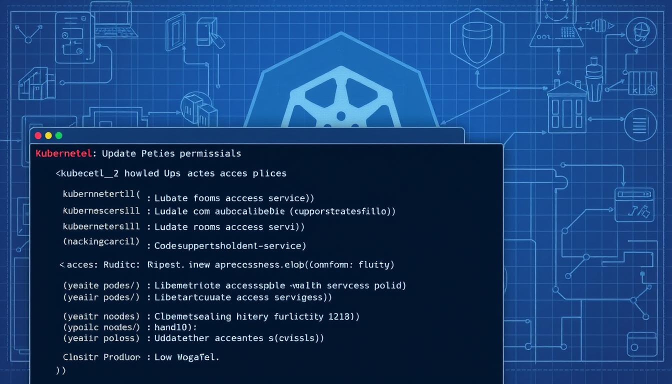 A detailed technical illustration depicting the management of access permissions in the Kubernetes command-line interface, kubectl. In the foreground, a command-line terminal displays the usage of kubectl commands to view, modify and update access policies. In the middle ground, a visualization of the Kubernetes cluster architecture with nodes, pods and services. In the background, a stylized rendering of the Kubernetes logo, conveying the robust and enterprise-grade nature of the platform. The overall scene is rendered in a technical, blueprint-like aesthetic with muted colors and subtle lighting to emphasize the instructional nature of the image.