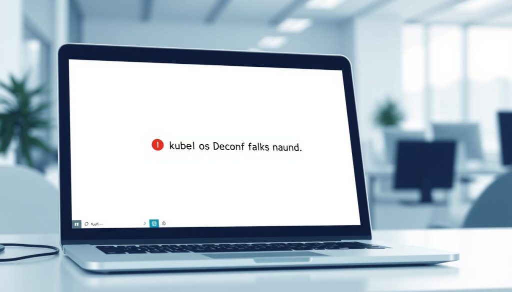 A detailed, technical illustration of a Windows desktop displaying an error message, with a professional, problem-solving atmosphere. In the foreground, a laptop screen shows the "kubectl command not found" error, depicted in a clean, minimalist interface. In the middle ground, the Windows taskbar and system tray are visible, hinting at the operating system context. The background features a softly blurred office environment, with neutral colors and lighting that convey a sense of focus and troubleshooting. The overall composition should communicate the process of resolving this specific error within the Windows environment.