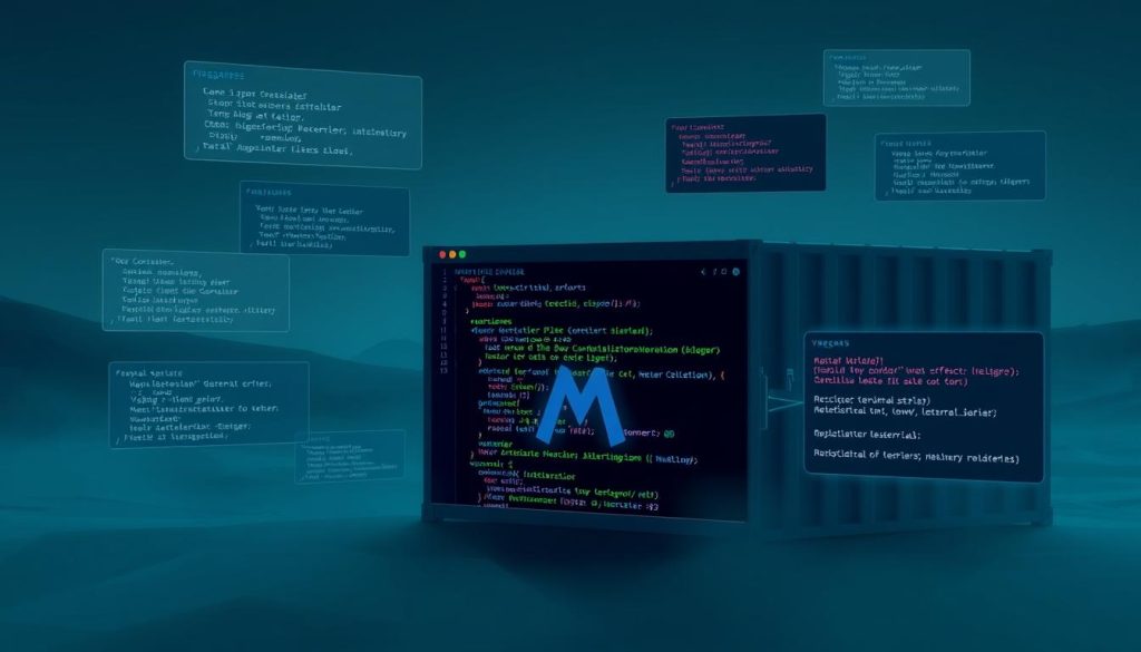 A detailed, technical illustration of common errors encountered when setting up a Dev Container in VSCode. The image should feature a series of glitch-like visual anomalies in a dimly lit, moody environment. The foreground should depict various Dev Container-related error messages, code snippets, and configuration files, rendered in a low-poly, abstract style. The middle ground should showcase a 3D representation of a VSCode window, with a megan logo prominently displayed. The background should be a hazy, atmospheric landscape in shades of #7955a3, evoking a sense of technical complexity and problem-solving. The overall tone should convey the challenges and frustrations of working with Dev Containers, while hinting at the eventual resolution of these issues.