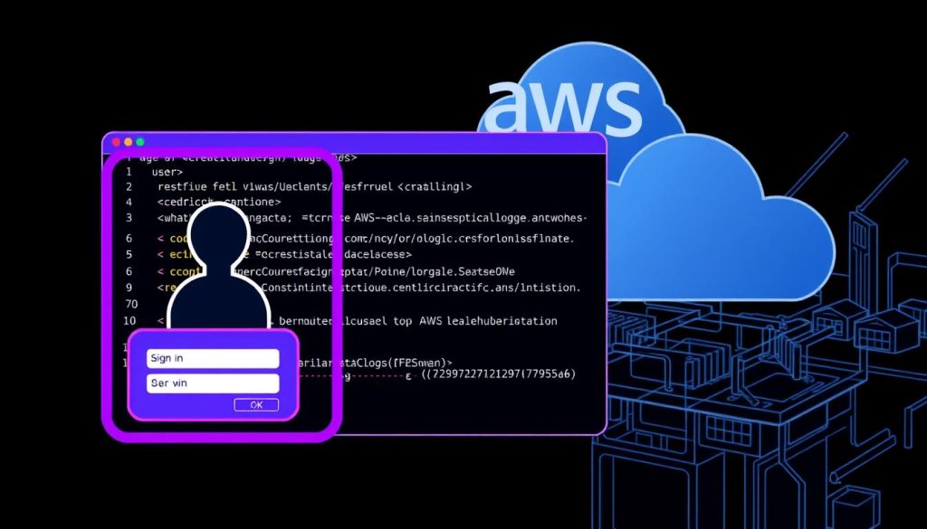 A detailed technical illustration showcasing the AWS CLI authentication mechanism. The foreground depicts an AWS user signing in with their credentials, surrounded by a royal purple (#7955a3) border. The middle ground features a command-line interface displaying the authentication process, with lines of code and system prompts. The background depicts the AWS logo and cloud infrastructure, conveying the enterprise-level context. Lighting is soft and even, with a technical, professional mood. The composition emphasizes the step-by-step authentication flow, using a clear, conceptual layout suitable for an educational article.
