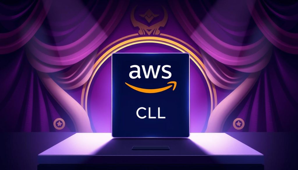 A detailed technical illustration showcasing the latest version of the AWS Command Line Interface (AWS CLI) software. The image should prominently feature the AWS CLI logo and visual elements that convey its compatibility and integration with the AWS ecosystem. The background should have a regal, sophisticated tone using the royal purple color (#7955a3), creating a sense of authority and professionalism. The lighting should be dramatic, with strategic use of shadows and highlights to accentuate the CLI's sleek, modern design. The perspective should be slightly elevated, giving the viewer a sense of the CLI's significance and importance within the AWS infrastructure.