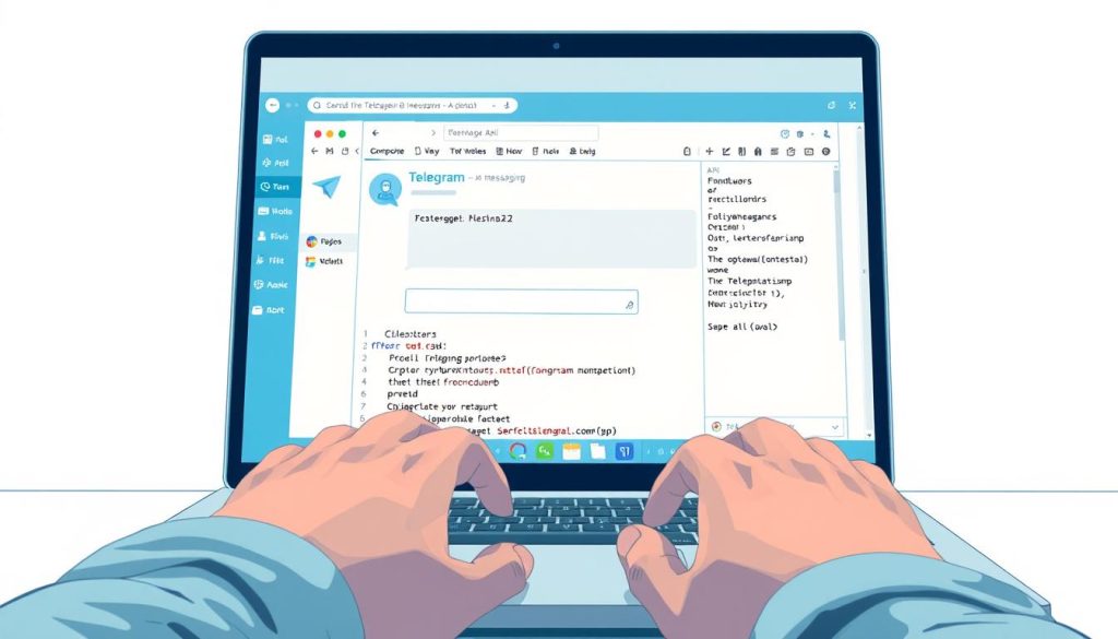 A detailed technical illustration showcasing the process of sending a message using the Telegram API. The scene depicts a laptop or desktop computer screen, with a Telegram desktop application or web interface prominently displayed. The screen shows a form or input field for composing the message, along with various API-related elements such as API keys, endpoint URLs, and code snippets. The lighting is bright and crisp, with a clean, professional aesthetic. The angle is slightly angled to provide an immersive, hands-on perspective, as if the viewer is the developer interacting with the Telegram API. The mood is one of focus and productivity, highlighting the practical application of the Telegram API for messaging functionality.