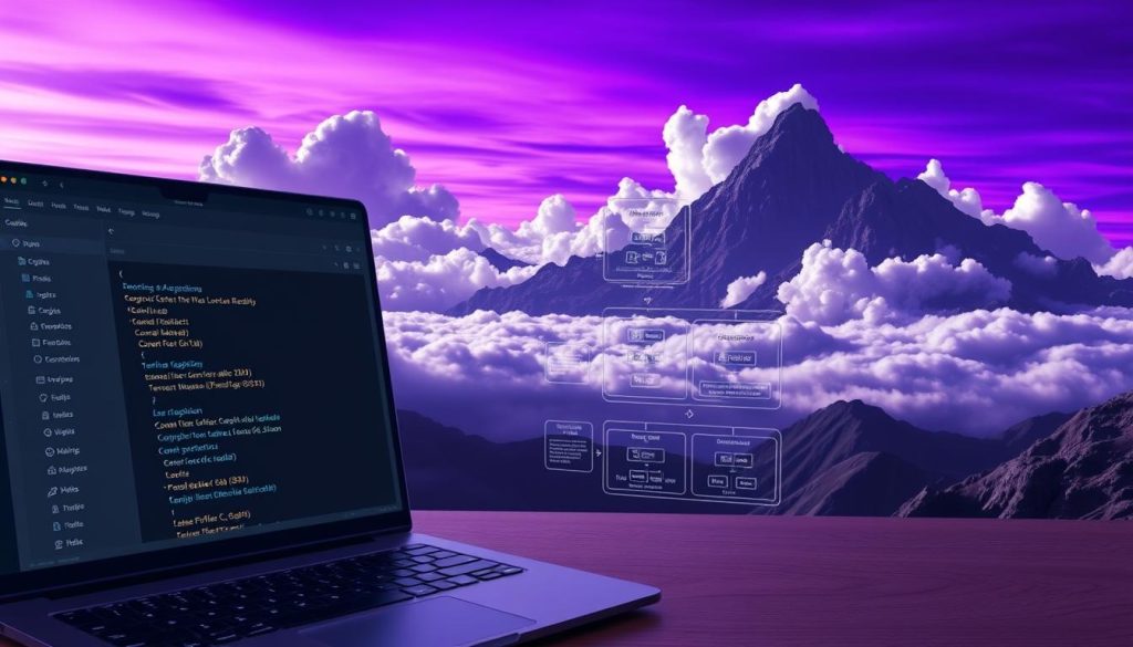 A detailed, technical rendering of the AWS CLI's regional settings, set against a majestic backdrop of Royal Purple (#7955a3). The foreground showcases the AWS CLI interface, with clean lines and a sleek, minimalist design. The middle ground depicts intricate diagrams and charts, illustrating the complex relationships between regions, profiles, and authentication. In the background, a dramatic landscape of clouds, mountains, and a vibrant, saturated sky, conveying a sense of power, scale, and the high-stakes nature of infrastructure management. Subtle lighting creates depth and drama, with strategic shadows and highlights emphasizing the key details. An authoritative, professional tone pervades the scene, reflecting the gravity of the topic at hand.
