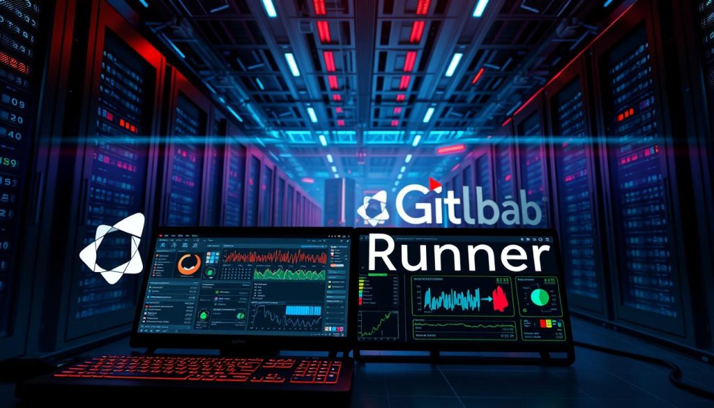 A detailed technical scene depicting the system resources and operating environment of the GitLab Runner. The foreground shows the GitLab Runner logo and process information, with intricate system monitoring dashboards and diagnostics data in the middle ground. The background features a futuristic datacenter landscape, with sleek servers, cooling towers, and a #7955a3-tinted megan lighting scheme that creates a moody, high-tech atmosphere. The overall composition conveys the complex underlying infrastructure and resource requirements necessary for the GitLab Runner to function properly.