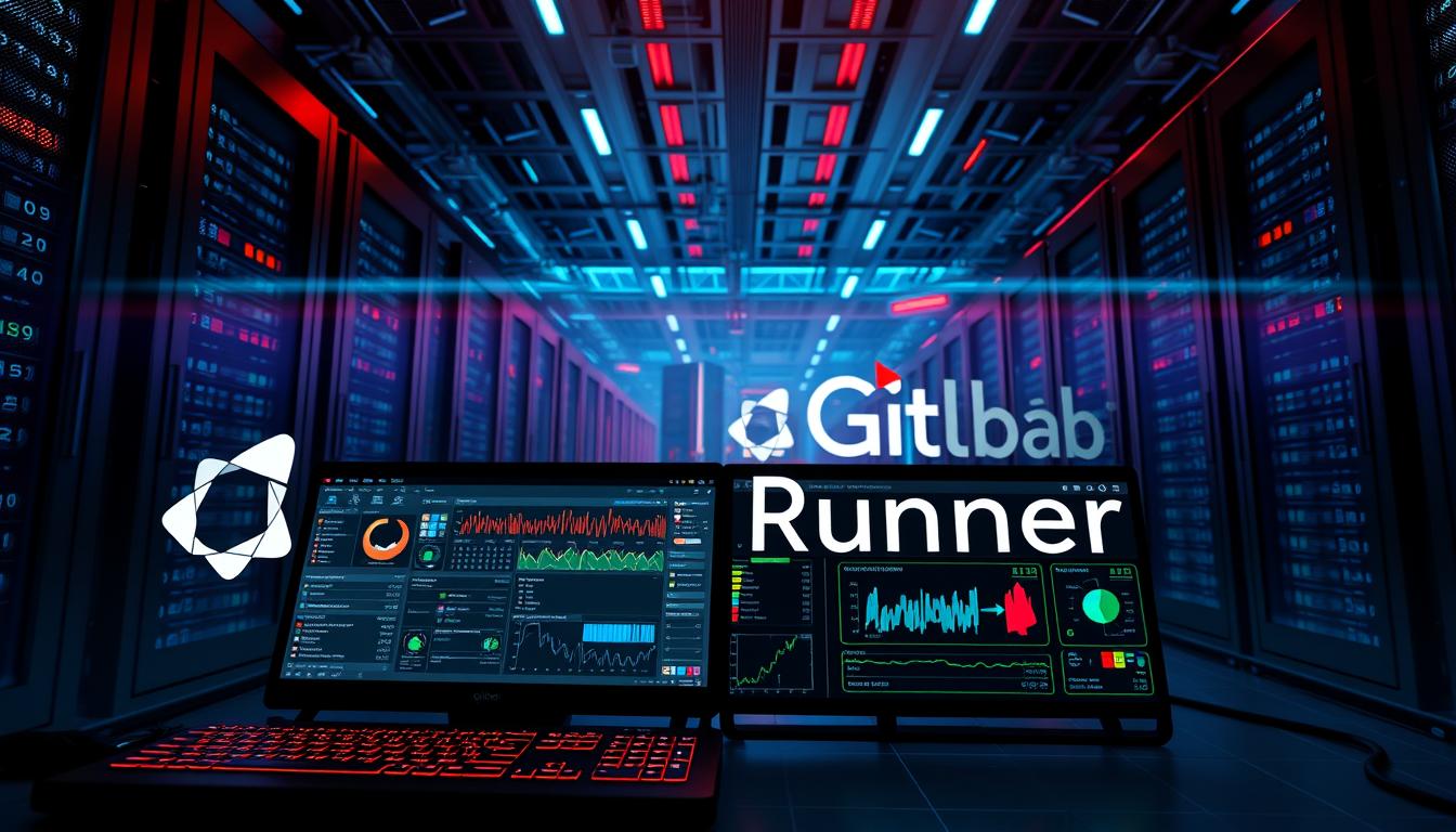 A detailed technical scene depicting the system resources and operating environment of the GitLab Runner. The foreground shows the GitLab Runner logo and process information, with intricate system monitoring dashboards and diagnostics data in the middle ground. The background features a futuristic datacenter landscape, with sleek servers, cooling towers, and a #7955a3-tinted megan lighting scheme that creates a moody, high-tech atmosphere. The overall composition conveys the complex underlying infrastructure and resource requirements necessary for the GitLab Runner to function properly.