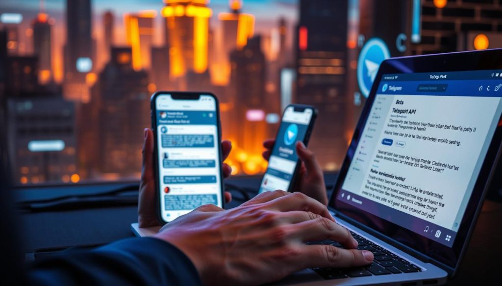 A detailed, technically sophisticated Telegram bot development scene. In the foreground, a programmer's hands typing code on a laptop, the screen displaying Telegram API documentation. In the middle ground, a Telegram app interface on a smartphone, showcasing bot functionality. The background features a stylized, futuristic cityscape with neon lights and holographic displays, conveying the cutting-edge technology involved. The scene is illuminated by a dramatic, moody lighting setup, with warm tones and dramatic shadows, creating a sense of focus and intensity. The overall composition and atmosphere reflect the subject's technical complexity and the instructional nature of the article's section.