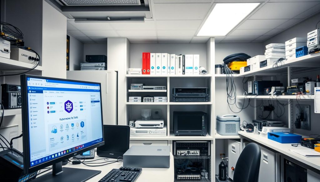 A detailed, well-lit laboratory workspace showcasing an array of Kubernetes peripheral tools. In the foreground, a sleek workstation with a high-resolution monitor displaying Kubernetes cluster management software. Surrounding it, an organized collection of hardware devices such as networking adapters, storage devices, and monitoring sensors. In the middle ground, shelves filled with technical manuals, cables, and other accessories. The background features a clean, minimalist environment with scientific-grade lighting, conveying a sense of professionalism and precision essential for effective Kubernetes administration.