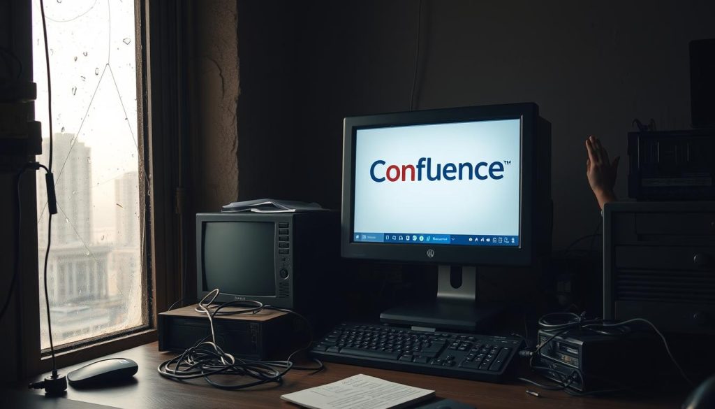 A dimly lit Iranian office space, with a desktop computer displaying the Confluence logo on a cluttered, disorganized workspace. The foreground features a frustrated user, hands raised in exasperation, while the middle ground shows outdated hardware and tangled cables. The background depicts a hazy, smoggy cityscape through a grimy window, suggesting the challenges of accessing cloud-based software in Iran. The scene conveys the sense of technological barriers and bureaucratic obstacles hindering the use of Confluence in the country.