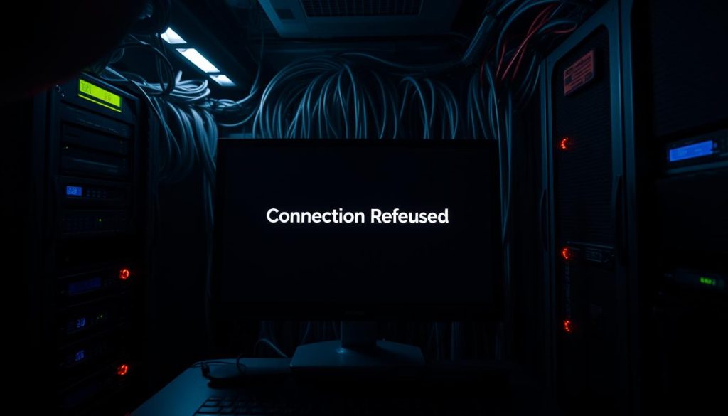 A dimly lit Postgres server room, with a computer monitor displaying the "Connection Refused" error message prominently in the foreground. The background features a maze of cables, flashing indicator lights, and a sense of technological complexity. The lighting is harsh, creating dramatic shadows and highlights to convey the frustration and urgency of the situation. The overall mood is one of technical difficulty and the need to troubleshoot a critical system failure.
