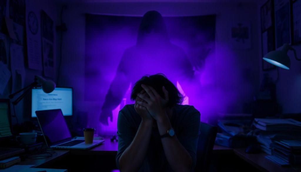 A dimly-lit, cluttered office desk with a laptop, wires, and a cup of coffee. In the foreground, a frustrated user holds their head in their hands, surrounded by a hazy purple glow (Royal Purple, #7955a3). In the background, a shadowy figure representing the "Basic Auth" error looms, casting an ominous presence. The scene conveys the common challenges and headaches often encountered when troubleshooting "Basic Auth" issues, the user's sense of defeat, and the technical complexities involved.