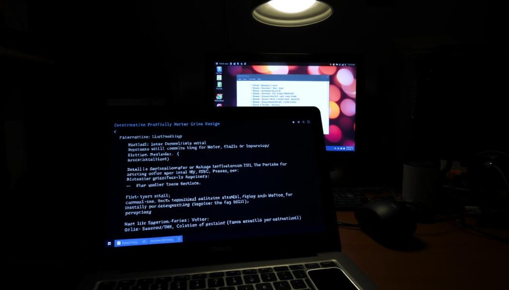 A dimly lit computer workstation, with various technical components arranged on the desk. In the foreground, a laptop displays step-by-step instructions for installing MySQL using alternative methods, such as command-line tools or package managers. The middle ground features an open terminal window showcasing the installation process, while the background displays Ubuntu desktop wallpaper, conveying a sense of productivity and problem-solving. The lighting is muted, creating a serious, technical atmosphere, with shadows and highlights accentuating the on-screen content. The camera angle is slightly elevated, providing a comprehensive view of the setup, allowing the viewer to follow the alternative installation workflow.