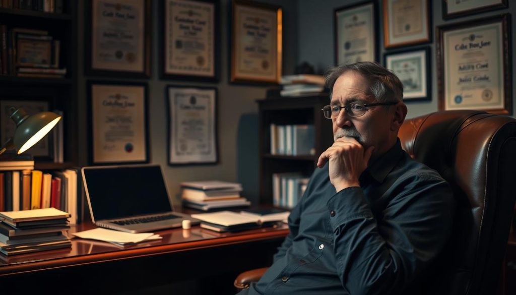 A dimly lit, cozy office setting with a wooden desk and a comfortable leather chair. On the desk, an array of books, papers, and a laptop, suggesting an atmosphere of deep thought and contemplation. The walls are adorned with framed certificates and diplomas, conveying a sense of expertise and authority. Soft, warm lighting casts gentle shadows, creating a welcoming and inviting ambiance. In the foreground, a thoughtful, middle-aged professional sits with a pensive expression, hand on chin, as if engaged in a deep consultation. The overall scene evokes a sense of guidance, wisdom, and the process of carefully selecting the right tools for the task at hand.