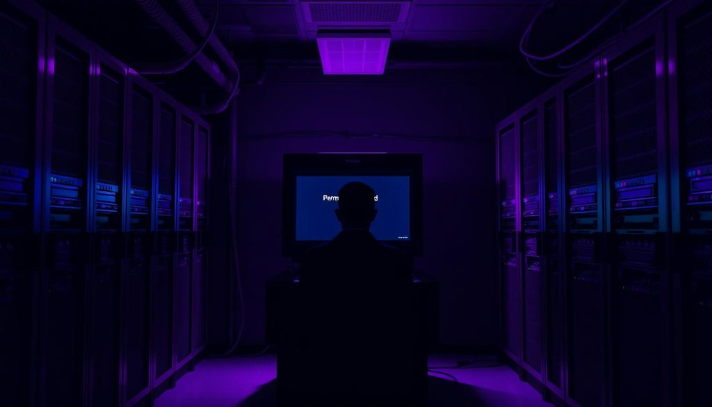 A dimly lit database server room, shrouded in an ominous, royal purple hue (color code #7955a3). The air is thick with tension, as a lone administrator stands before a terminal, their face etched with frustration. The screen displays the dreaded "Permission Denied" error message, casting an eerie glow across the room. Shadows creep in the corners, symbolizing the complexities of managing database access rights. The scene conveys the challenge of maintaining secure and controlled access to sensitive data, a crucial aspect of the deployment process.