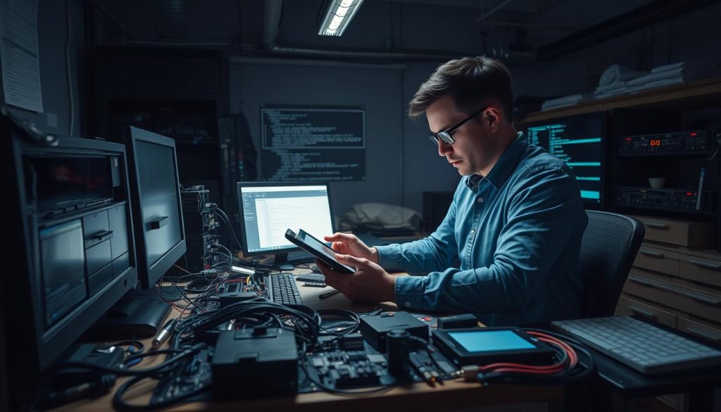 A dimly lit, industrial-style workspace with a desktop computer, hardware components, and diagnostic tools laid out on a cluttered workbench. A person in a focused, analytical pose examines a tablet, surrounded by the tangible manifestations of various technical issues - cables, circuit boards, and error logs. The atmosphere is one of problem-solving, with a sense of concentration and determination to uncover and address the challenges of self-hosting the N8N service. Dramatic lighting casts deep shadows, heightening the sense of technical complexity and the need for a careful, methodical approach.