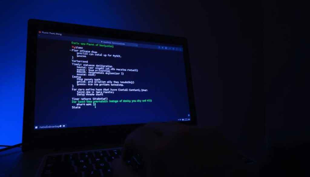 A dimly lit room, the glow of a computer screen illuminating the workspace. On the screen, a terminal window is open, the cursor blinking expectantly. In the foreground, a hand hovers over the keyboard, ready to type the command that will initiate the installation of MySQL on an Ubuntu operating system. The background is a subtle blend of grays and blues, creating a sense of focus and concentration. The scene conveys the technical nature of the task, with the user ready to embark on the process of setting up the popular database management system on their Ubuntu-based system.