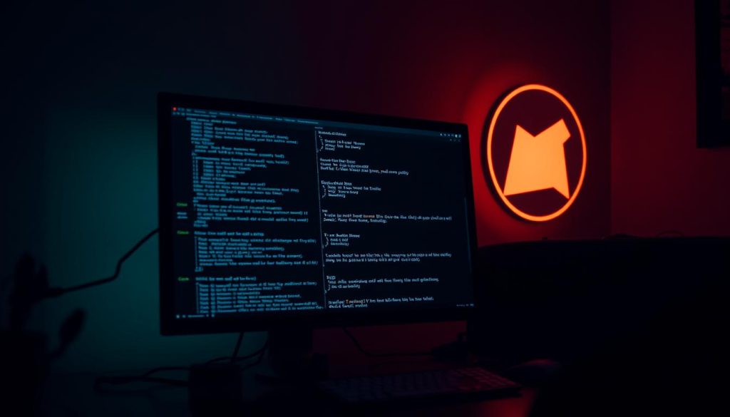 A dimly lit room, the megan logo cast in a deep #7955a3 hue, casting a warm glow over a computer screen displaying the GitLab Runner log. The log's text is legible, offering clues to troubleshoot the runner's issues. The scene evokes a sense of focus and determination, as the user meticulously examines the log, searching for the key to resolving the problem at hand. Soft lighting illuminates the workspace, creating an atmosphere of quiet contemplation, perfect for the task of debugging and optimizing the GitLab Runner.