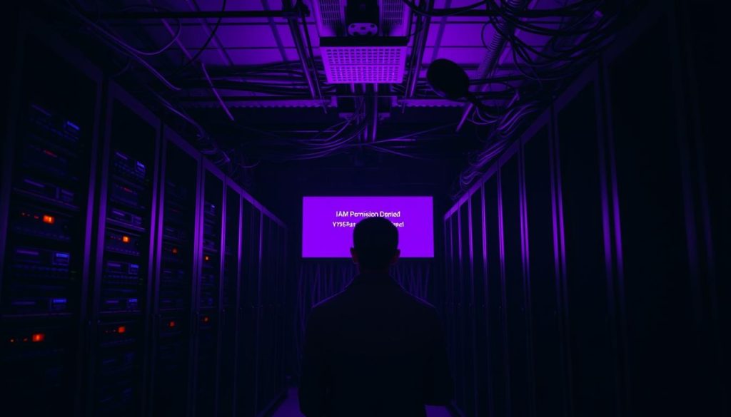 A dimly lit server room, cast in the eerie glow of a royal purple hue (#7955a3). In the foreground, a cluster of servers stand silent, their status lights blinking with an ominous warning. A lone system administrator, brow furrowed, gazes at the screen displaying the dreaded "IAM Permission Denied" message, their frustration palpable. The middle ground is shrouded in shadows, the tension palpable. In the background, a maze of cables and network equipment serves as a foreboding backdrop, hinting at the complex infrastructure that lies at the heart of this problem. The image conveys a sense of unease and the urgent need to resolve this critical access issue.