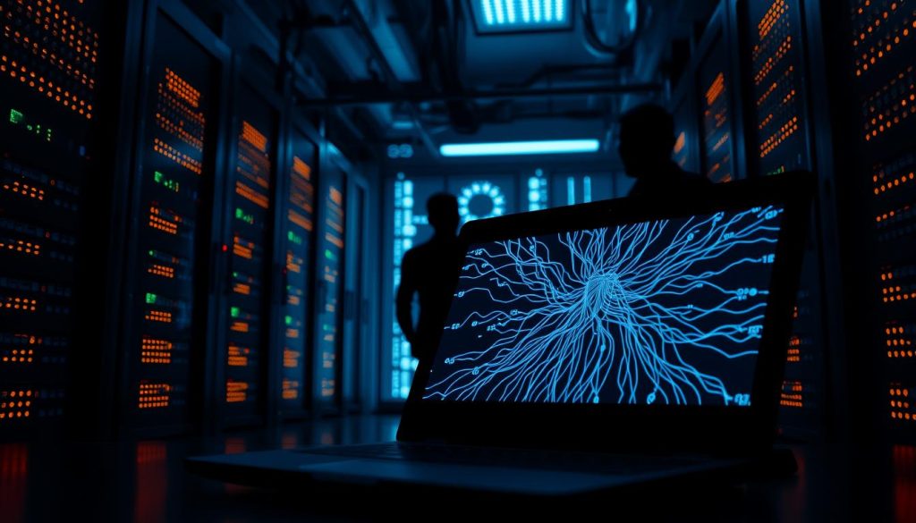 A dimly lit server room, the glow of blinking LEDs casting an eerie light. In the foreground, a laptop screen displays a complex web of network connections, hinting at the intricate infrastructure of the N8N self-hosting platform. Shadows loom in the background, representing the looming threat of security vulnerabilities. The scene exudes a sense of unease, reflecting the anxieties and challenges faced by those responsible for maintaining the security of their N8N deployment.