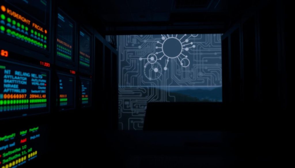A dimly lit server room, the glow of monitors casting an eerie light. In the foreground, a Kubernetes node appears in a "Not Ready" state, its status indicators blinking ominously. The midground showcases a complex network diagram, cables and connections weaving an intricate tapestry. The background fades into a hazy, technical landscape, hinting at the underlying complexity of the system. A sense of unease permeates the scene, conveying the common challenges faced when nodes fail to achieve a ready state.