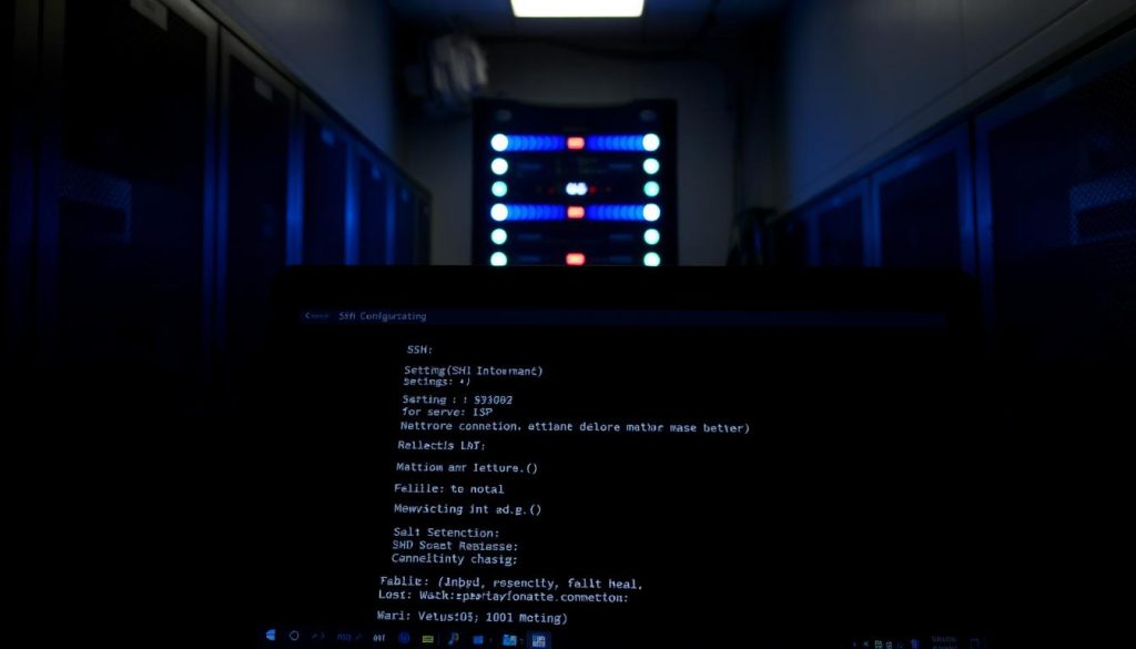 A dimly lit server room, with a desktop computer in the foreground displaying the SSH configuration interface. The screen shows various settings and options for establishing a secure remote connection to a distant server. In the middle ground, a network rack stands tall, its blinking lights casting a soft glow. The background fades into shadows, hinting at the complexity and technical nature of the setup. The scene conveys a sense of focus and attention to detail, as the user carefully navigates the SSH configuration to ensure a reliable and secure remote access to the server.