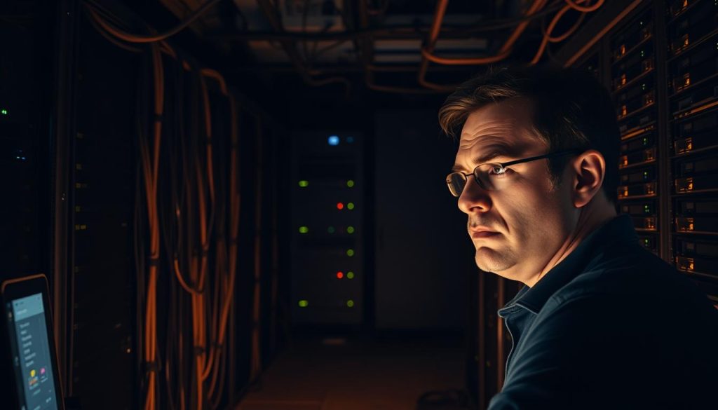 A dimly lit server room, with a network of cables snaking across the floor and racks of humming storage devices lining the walls. In the foreground, a user gazes pensively at a screen, brow furrowed as they navigate the complexities of self-hosted storage management. The room is bathed in a warm, amber glow, creating a sense of both technological prowess and the challenges that come with it. Subtle shadows cast by the equipment suggest the hidden complexities and potential pitfalls of this self-hosted environment. The atmosphere conveys the weight of responsibility and the need for technical expertise to overcome the common obstacles of self-hosted storage.