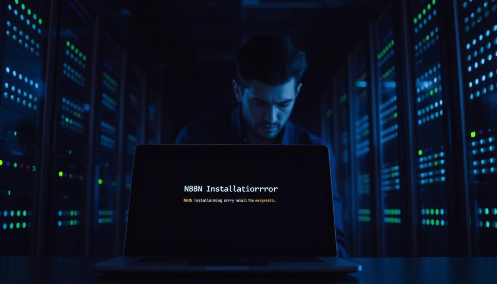 A dimly lit server room with a sleek, modern aesthetic. In the foreground, a laptop screen displays the error message "N8N Installation Error" against a backdrop of server racks and blinking lights. The middle ground features a focused developer, brow furrowed, intently troubleshooting the issue. The background is shrouded in shadows, creating a sense of intensity and concentration. Subtle blue and green hues from the server LEDs cast a serene, technical glow across the scene. The overall atmosphere conveys a challenging, yet determined, effort to resolve the installation problem.