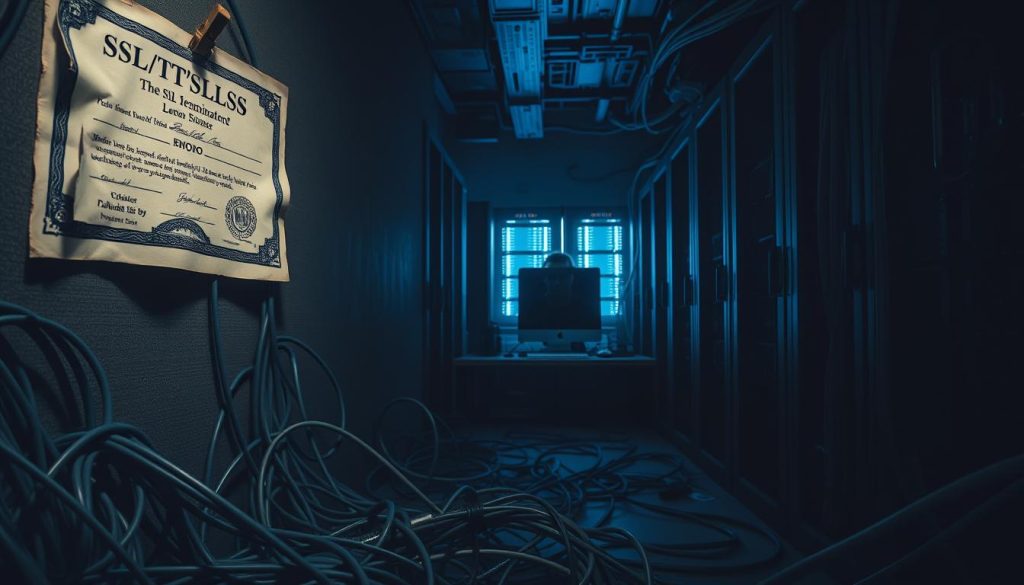 A dimly lit server room, with a weathered SSL/TLS certificate pinned to the wall, its edges curling. In the foreground, a tangled web of network cables snakes across the floor, symbolizing the complexities of SSL termination. The middle ground reveals a frowning network administrator scrutinizing a desktop monitor, troubled by the security implications and performance challenges of this technique. In the background, a faint glow emanates from the server racks, casting an ominous shadow over the scene, hinting at the potential vulnerabilities and risks associated with SSL termination.