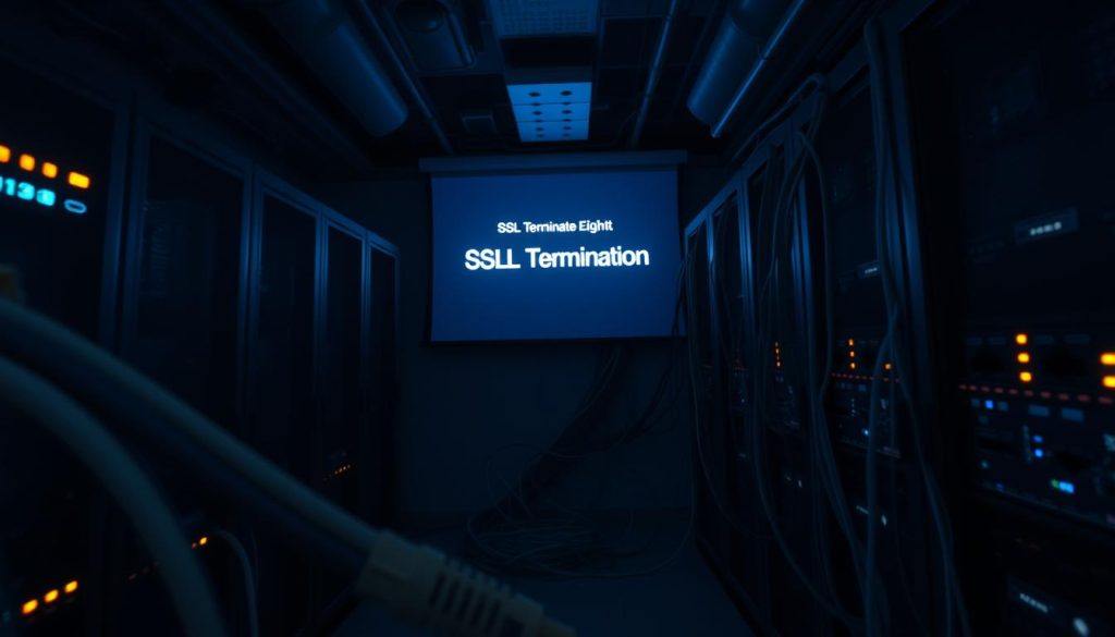 A dimly lit server room, with rows of racks and blinking lights. In the foreground, a network cable is being plugged into a router, symbolizing the challenge of SSL Termination. The middle ground features a complex web of cables, representing the tangled nature of SSL management. In the background, a projection screen displays the section title "چالش‌ها و راه حل‌های SSL Termination", illuminated by a soft glow. The scene is captured with a wide-angle lens, creating a sense of depth and complexity. The mood is one of technical complexity and problem-solving, with a subtle hint of unease about the challenges ahead.