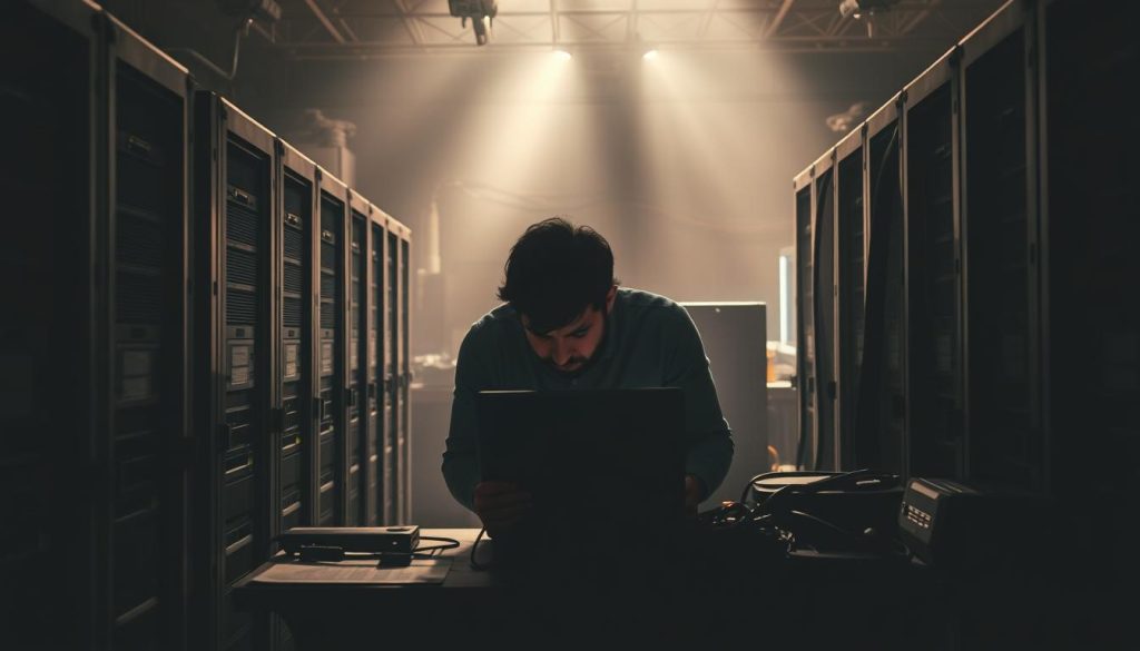 A dimly lit server room, with servers and networking equipment in the foreground, casting shadows across the cluttered workbench. In the middle ground, a frustrated programmer hunches over a laptop, trying to troubleshoot an issue with the VSCode Server application. The background is shrouded in a hazy, atmospheric lighting, hinting at the complexity and challenges of maintaining a functional VSCode Server setup. The overall mood is one of technical difficulty, problem-solving, and the need for a clear, concise solution to the common issues plaguing VSCode Server.
