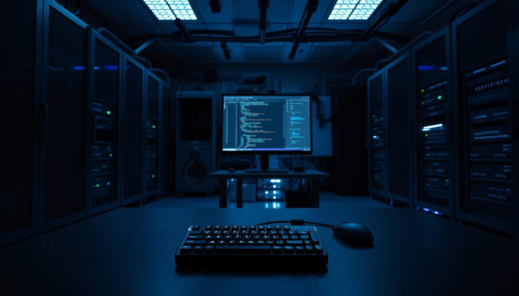 A dimly lit, sleek server room with a central desk showcasing a meticulously optimized VSCode Server setup. Soft blue lighting illuminates the scene, casting shadows that highlight the intricate hardware and cabling. In the foreground, a keyboard and mouse lay ready for use, while behind them, a large display presents a visually appealing user interface. The background features a blend of high-tech server racks and workstations, creating an atmosphere of efficiency and technical prowess. The overall composition conveys the idea of a well-tuned, high-performance VSCode Server environment, ready to tackle any coding challenges.