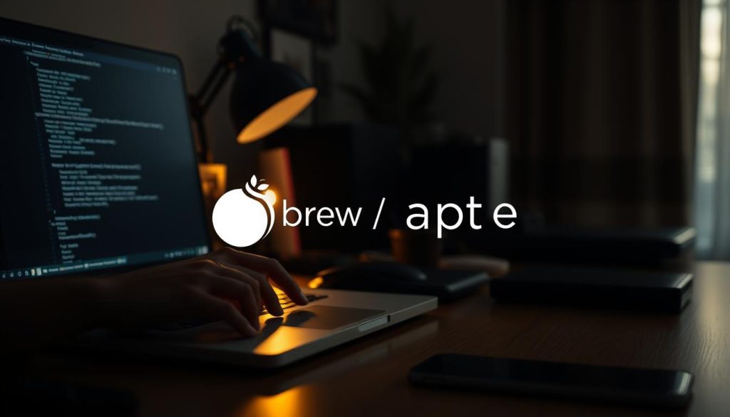 A dimly lit workspace with a laptop and various tech accessories on a wooden desk. In the foreground, a developer's hands carefully type commands into a terminal window, the faint glow of the screen illuminating their face. In the middle ground, a Homebrew and apt-get package manager logos hover, subtly indicating the focus of the scene. The background is softly blurred, suggesting a sense of focus and concentration on the task at hand. The overall mood is one of technical precision and problem-solving, with a touch of warm, natural lighting to create a welcoming atmosphere.