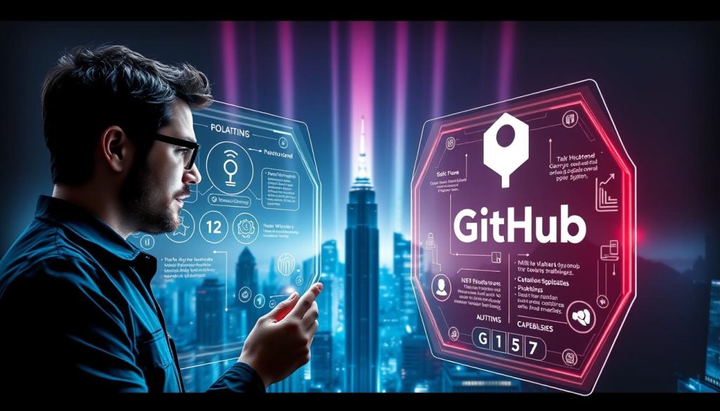 A dramatic, high-quality comparison of GitLab and GitHub platforms. In the foreground, two software engineers scrutinize a holographic display depicting intricate details of each platform's features, UI, and capabilities. The middle ground shows a futuristic cityscape with towering skyscrapers, representing the tech industry landscape. The background features an ethereal, aurora-like lighting effect, conveying a sense of innovation and discovery. The scene is captured with a cinematic, wide-angle lens to emphasize the scale and gravity of the decision. The overall mood is one of professional analysis, technological progress, and a thoughtful exploration of the optimal DevOps platform.