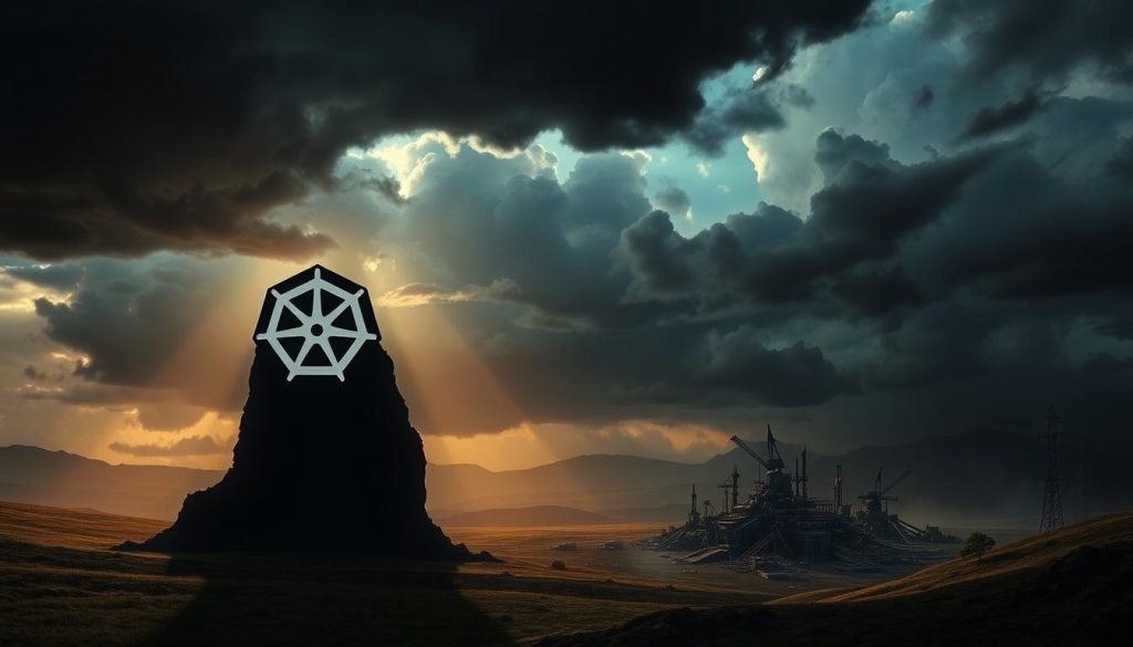 A dramatic landscape depicting the impact of a Kubernetes node in the "Not Ready" state on the overall cluster. In the foreground, a towering node icon casts an ominous shadow, symbolizing the disruption it causes. The middle ground features a troubled cluster, with icons representing pods, services, and other components in disarray. The background shows a moody, storm-ravaged sky, hinting at the instability and unpredictability of the situation. The lighting is dramatic, with deep shadows and harsh contrast, conveying the severity of the issue. The overall composition emphasizes the interconnected nature of the cluster, where a single node's failure can have widespread consequences.