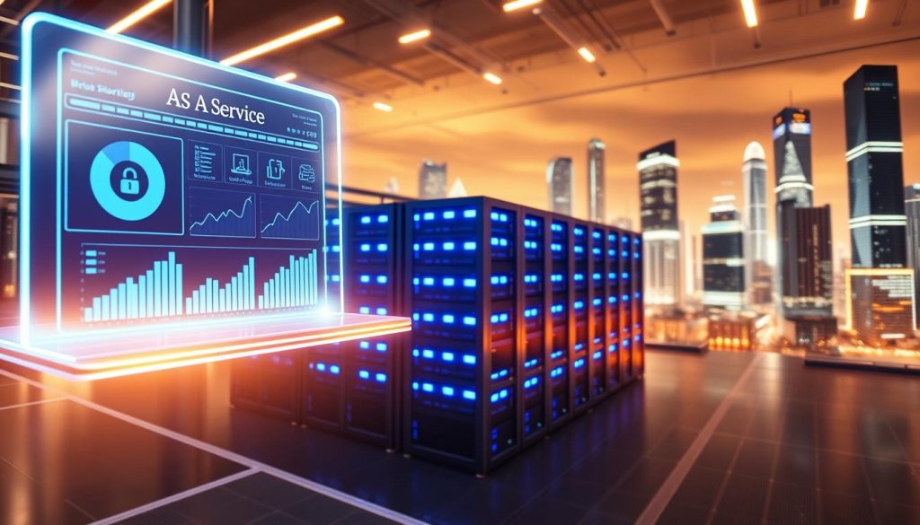 A dynamic, futuristic scene depicting "Jenkins as a Service". In the foreground, a sleek, holographic control panel hovers, showcasing real-time build and deployment metrics. In the middle ground, a cluster of interconnected server racks, bathed in cool blue lighting, symbolize the reliable, scalable infrastructure powering the Jenkins-as-a-Service platform. The background features a cityscape of gleaming skyscrapers, hinting at the enterprise-grade capabilities of this innovative DevOps solution. The scene is illuminated by a warm, diffused lighting that creates a sense of sophistication and technological prowess. Captured through a wide-angle lens, the composition emphasizes the integrated, seamless nature of this Jenkins-powered workflow.
