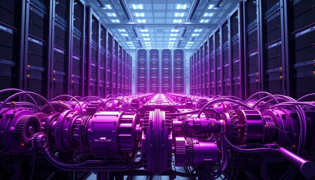 A fully automated CI/CD pipeline in Megan NoOps, set against a majestic backdrop of towering servers and data racks. In the foreground, a series of interconnected modules flow seamlessly, their royal purple hues casting a regal glow over the scene. Intricate gears and mechanisms churn in perfect synchronization, powering the autonomous deployment and integration process. The middle ground features a cutting-edge network infrastructure, with cables and conduits snaking between the components, facilitating the rapid and secure transfer of data. In the distance, a sprawling data center looms, its sleek, futuristic design emanating a sense of technological prowess. Dramatic lighting casts dramatic shadows, heightening the sense of efficiency and precision. The overall atmosphere conveys the power and elegance of a fully autonomous, NoOps-driven software delivery pipeline.